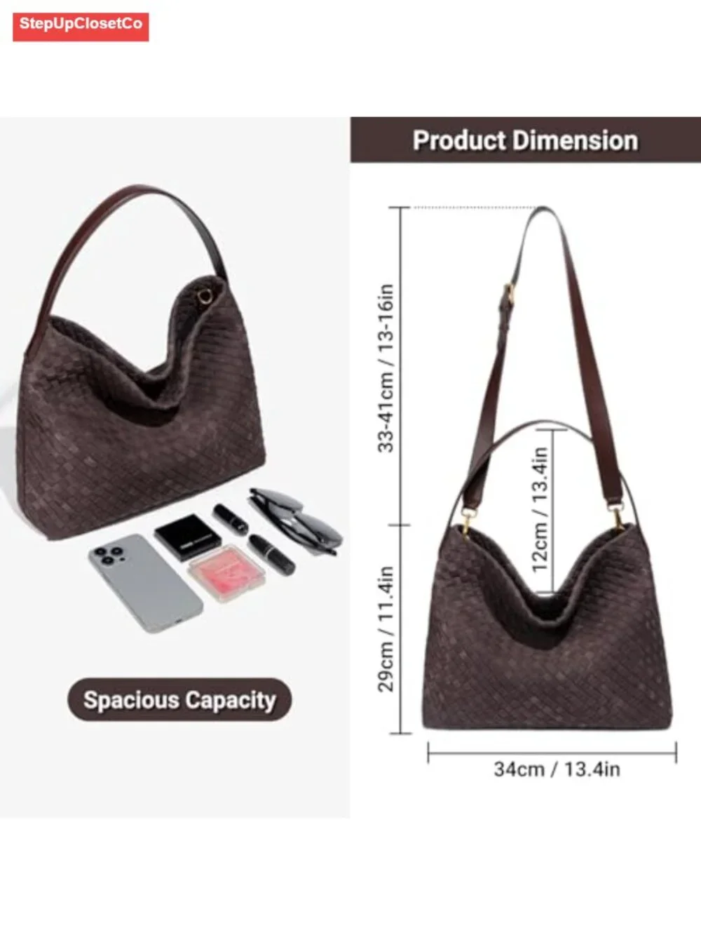 Woven Suede Hobo Bag Women Slouchy Shoulder Tote Purse with Detachable